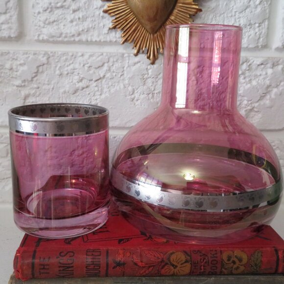 Vtg Bombay Lavender Glass Tumble Up Carafe wGlass Silver Trim Heavy Bases Poland - Picture 3 of 9